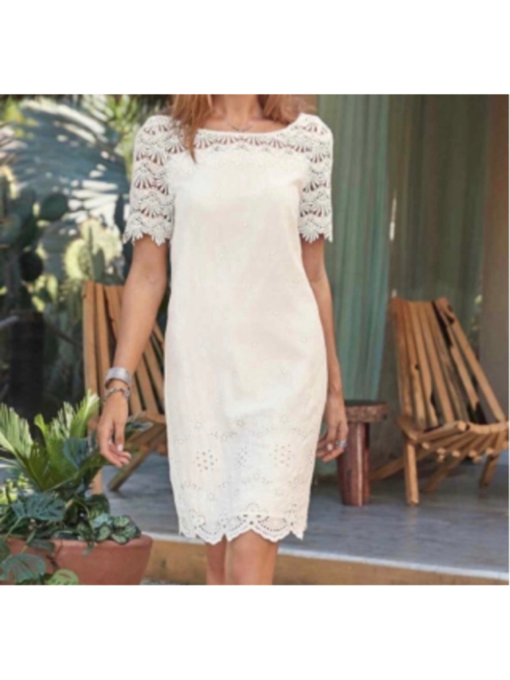 Sundance white imperial eyelet lace crochet cotton short sleeve lined dress